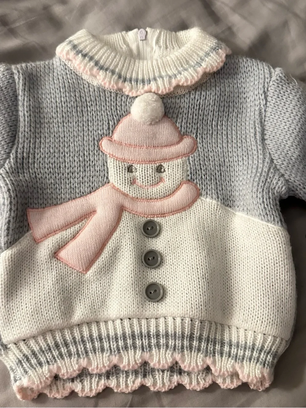 Baby Snowman Knit Pullover - Pink, Gray & Cream